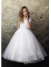 Pearls Neck White Satin Glitter Tulle Flower Girl Dress